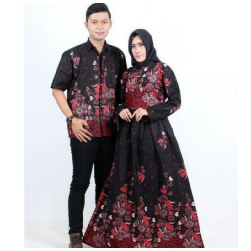 Batik couple keluarga Sania ruffle ORI ndoro jowi motif sakura merah-Couple Hem