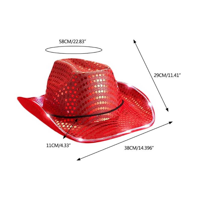 Topi Cowboy Hias Sequin Dengan Lampu LED Gaya Vintage