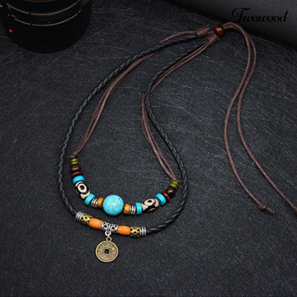 Kalung Choker Multilayer Dengan Liontin Manik-Manik Turquoise Imitasi Untuk Pria