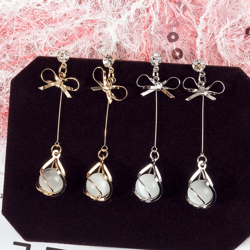 1 Pasang Anting Gantung Panjang Tusuk Silver Sterling 925 Gaya Korea Motif Simpul Pita + Opal Untuk Wanita