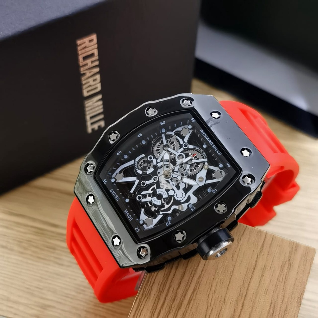 JAM TANGAN PRIA RM TALI RUBBER CHRONOGRAPH TANGGAL AKTIF DM 4.0CM FREE BOX  || JAM TANGAN FASHION PRIA