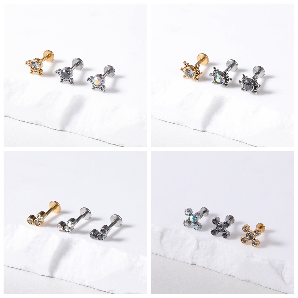 1 PC Anting Stud Tindik Bibir Telinga Bentuk Bola Keong Kristal Bahan Stainless Steel Warna Emas