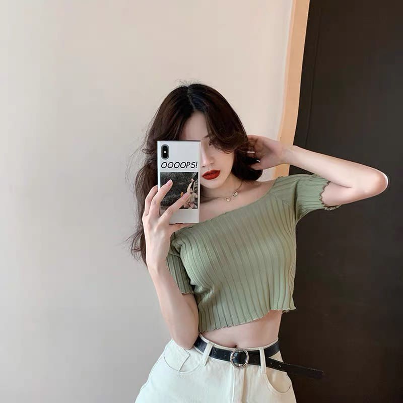 【SALE】Korean Sabrina Crop Top Atasan Wanita Lengan Pndek C051