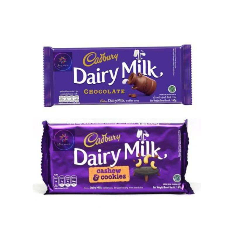 

Cokelat Cadbury Dairy Milk Chocolate 165gr/Cashew & Cookies 165g/Import
