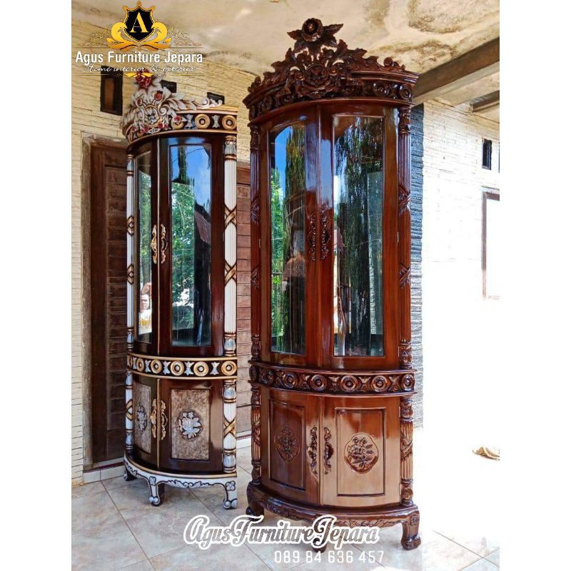 LEMARI PAJANGAN CINCIN JATI KOMBINASI (lemari hias lemari pojok lemari kaca rak buku)