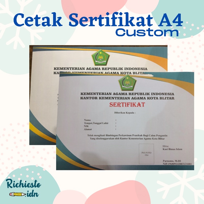 

Cetak Sertifikat/Piagam Ukuran A4 Bahan Linen