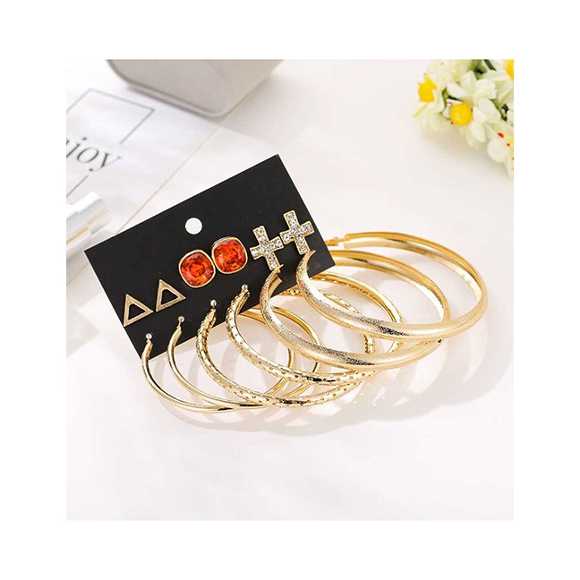 LRC Anting set Fashion Red Large Circle Diamond Cross Triangle Geometric Earrings Set D76895