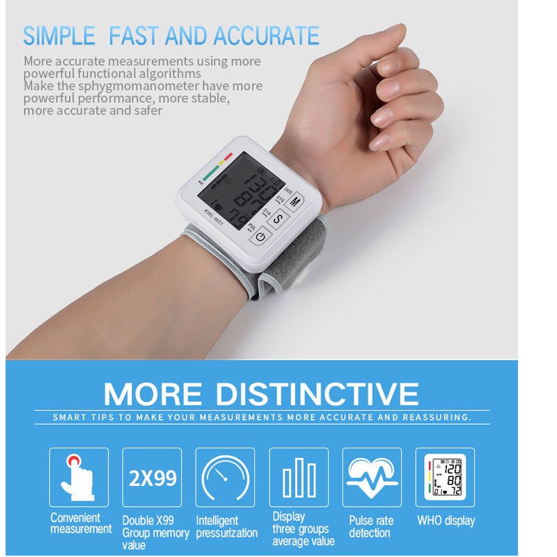 YUN-Mall  Tensi Digital Alat Pengukur Tekanan Darah Tensimeter Digital Sphygmomanometer Elektronik Tipe Pergelangan Tangan Tensimeter Digital Alat Cek Pengukur Tekanan Tensi Darah Otomatis Blood Pressure Monitor