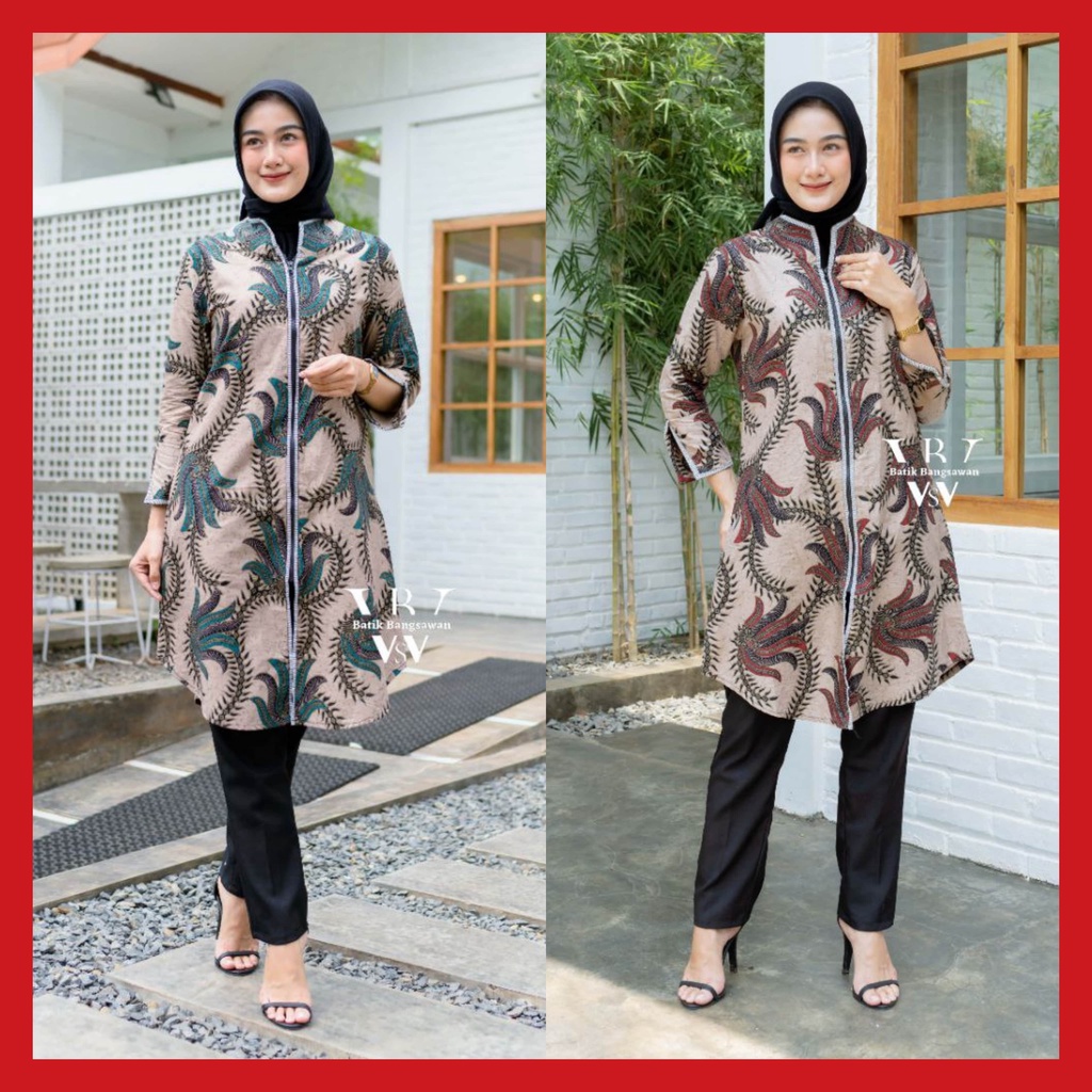 Batik Wanita Atasan Batik Baju Batik Wanita Tunik Jumbo Resleting Depan M L XL XXL XXXL