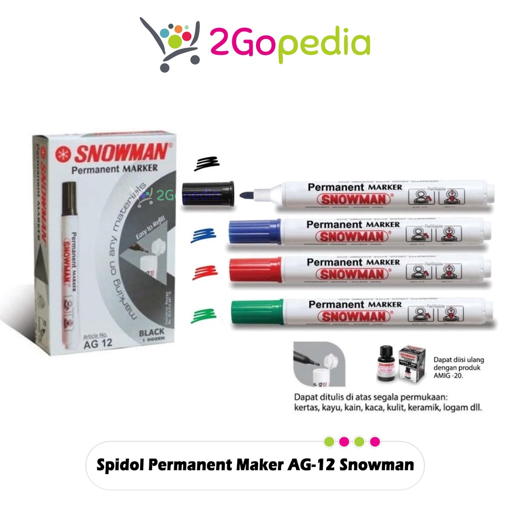 

Grosir Spidol Permanent Maker AG-12 Snowman Hitam Merah Biru Hijau (1 Pcs)