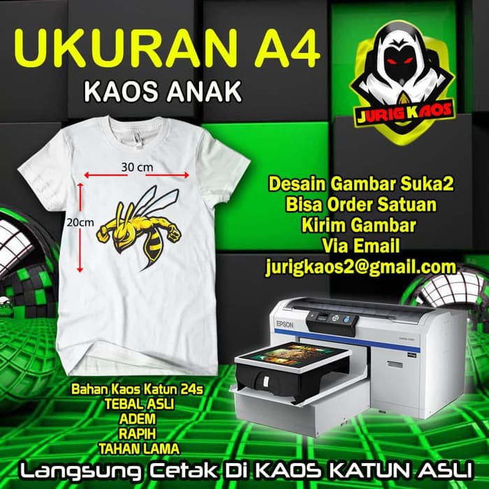 KAOS KUSTOM ANAK KHUSUS KATUN PRINT DTG UKURAN A4