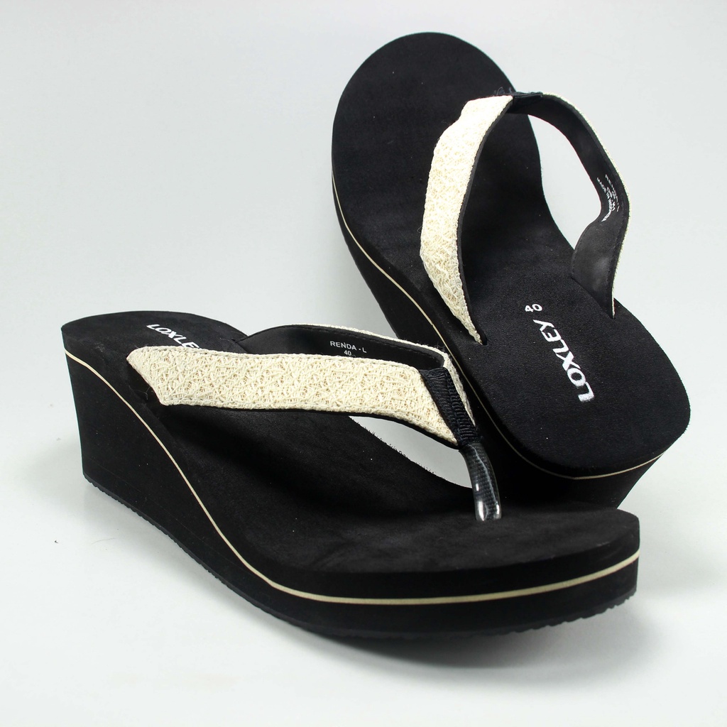 Sandal Wedges Wanita Loxley renda hitam - krem