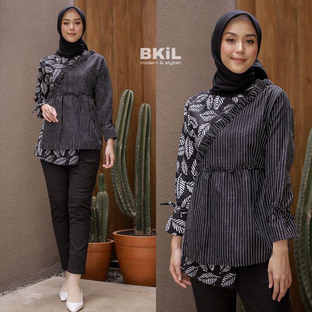 tey-17 Batik wanita ASJ SA HRB026 Kenongo Kemeja Tosca Pendek-Daun Hitam