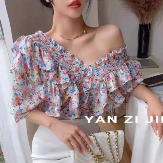 2434 Baju atasan blouse SMOCKED Sabrina Korean style wanita import baju atasan blouse kerja kantor p