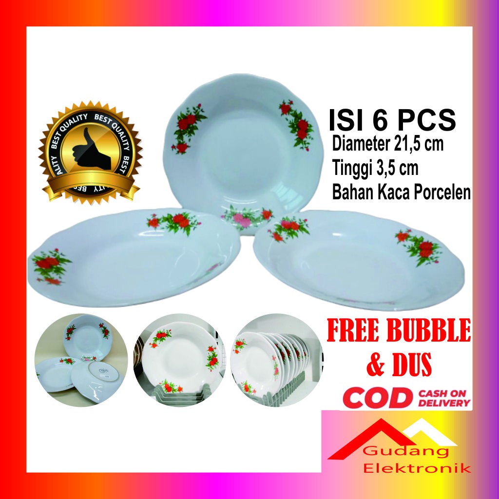 Piring Beling Porselen Makan Isi 6 Pcs Warna Putih Murah Cantik List Bunga CP 8-2