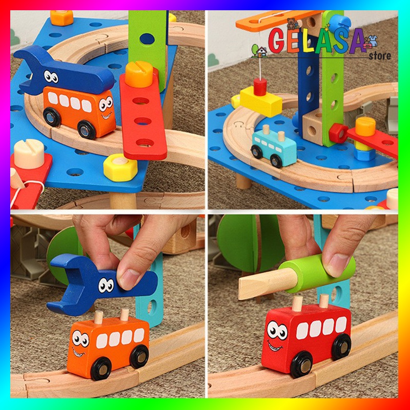 Gelasa Mainan kayu anak Construction Train Track Toys