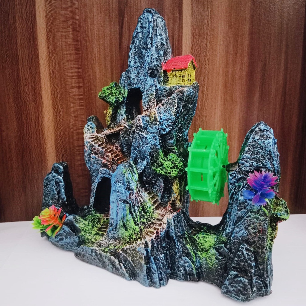 hiasan aquarium fiber tebing kincir, hiasan aquarium tebing kincir, dekorasi aquarium tebing kincir,