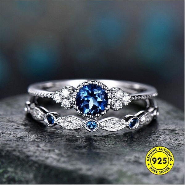 Cincin Sterling Silver 925 Bertatahkan Zamrud Zircon Sapphire
