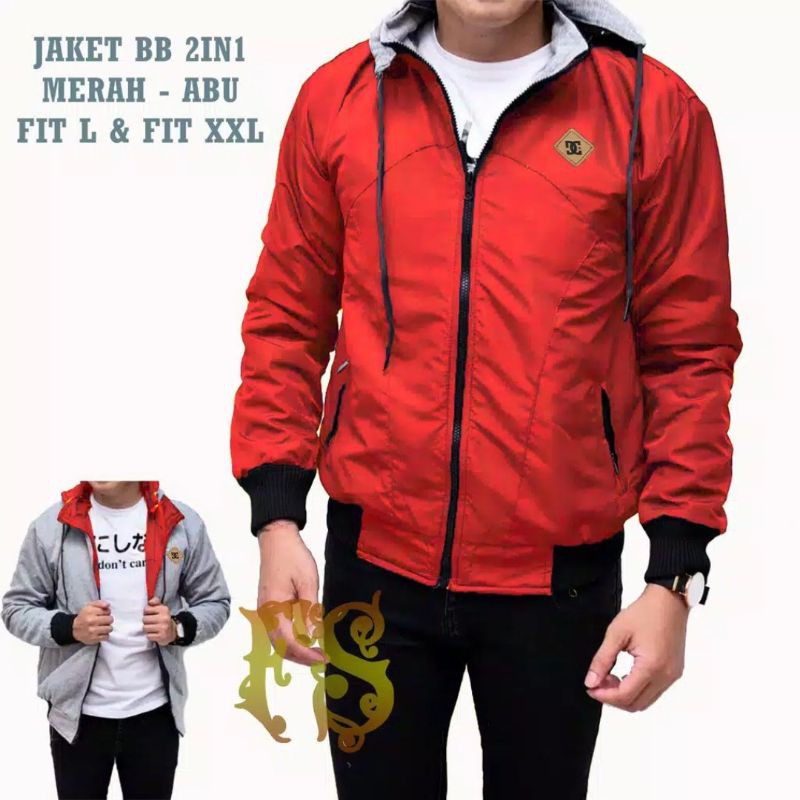 JAKET BOLAK BALIK 2IN1 / JAKET MOTOR / BB / PARASUT / PRIA WANITA / DISTRO-MERAH
