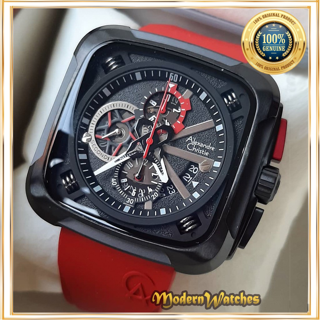 Jam Tangan Ori Pria Terbaru Alexandre Christie AC 6577 Merah Hitam Red Black Karet Alexander Keren