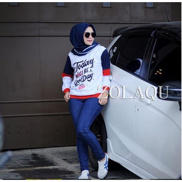 Kaos Zolaqu Putih Merah Biru Atasan Wanita Kaos Lengan Panjang Bahan Combed Premium