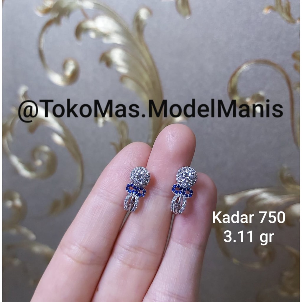 Anting jepit emas putih asli model pita bow Diamond looks kombinasi batu biru kadar 750 promo