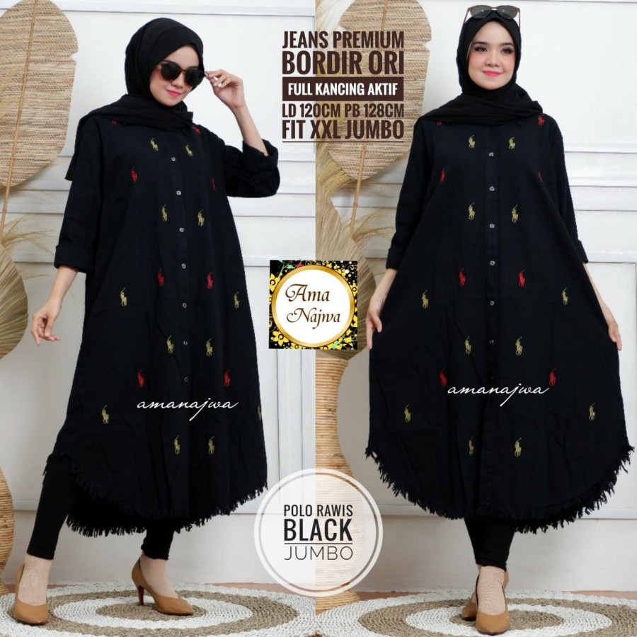 LD 120 Atasan Tunik Jeans Washed Bordir Ori POLO RAWIS JUMBO TUNIK BR