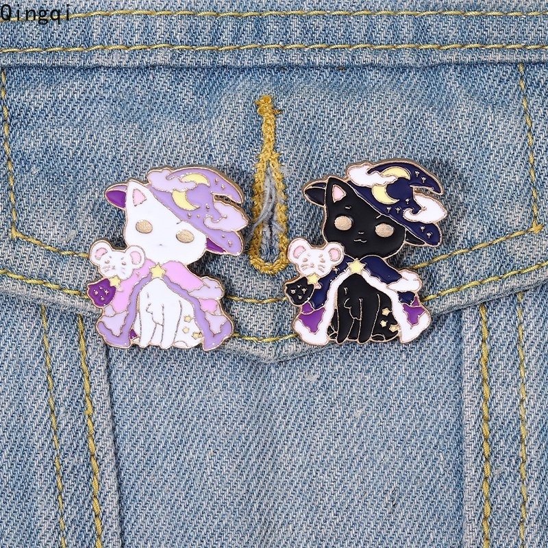 Bros Pin Enamel Desain Kucing Penyihir Topi Penyihir Gaya Gothic Untuk Kerah