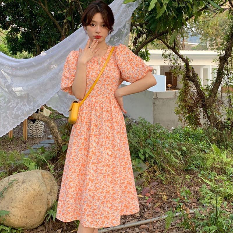 [littlecrab] Dress Bunga Oren Aesthetic Orange Flower Long Dress With Pearl Dress Panjang Model Tradisional Simple Elegan Berkualitas Korean Style Chinese Modern Dress Lengan Pendek Model Bunga Bunga Simple