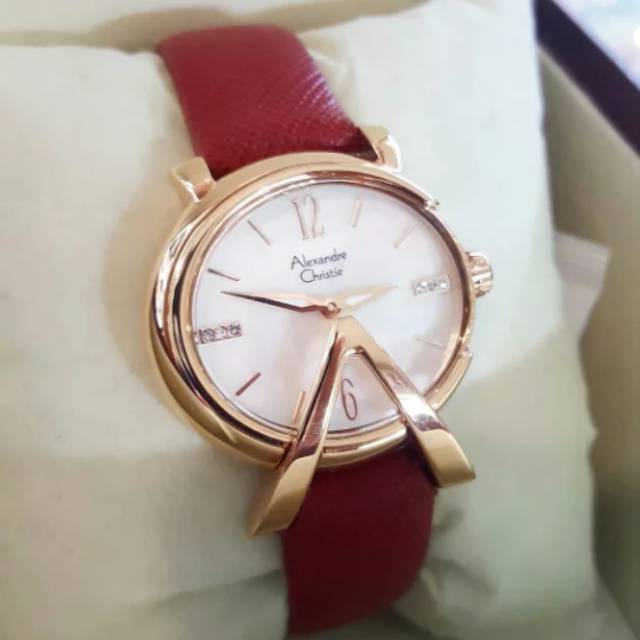 Alexandre christie original Ac2703 jamtangan wanita kulit merah rosegold