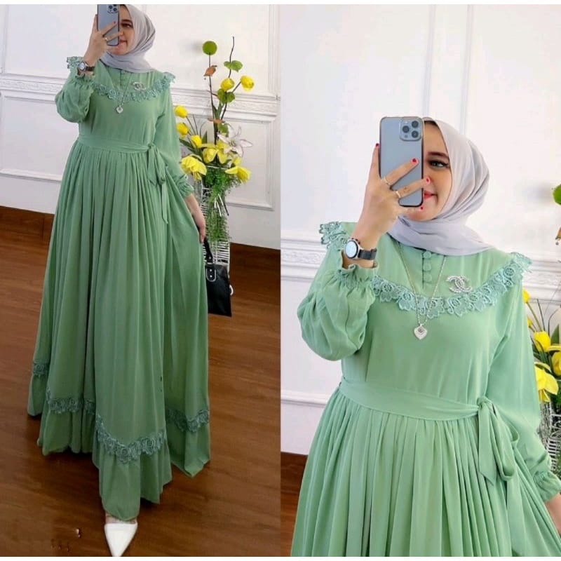 Gamis Terbaru 2022 Ceruty Babydoll Aksen Renda Baju Kondangan Wanita Gamis Pesta Mewah Elegan Long Dress Muslim Naraya Dress