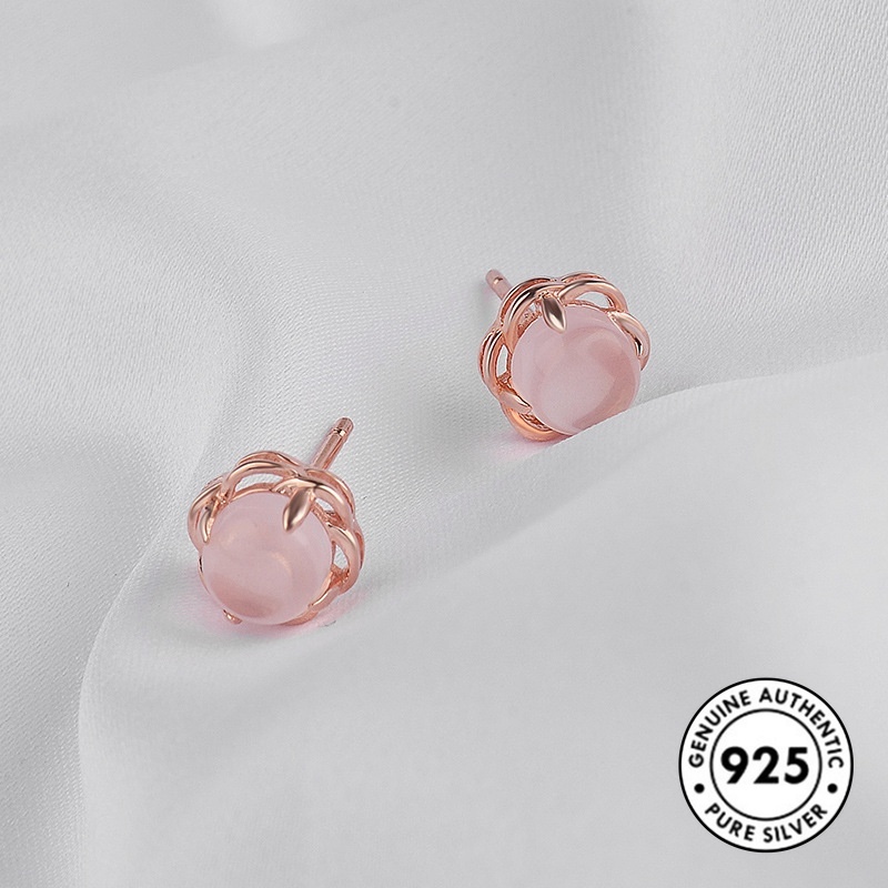 Anting Tusuk Sterling Silver 925 Desain Bunga Mawar Hias Kristal Pink Untuk Wanita