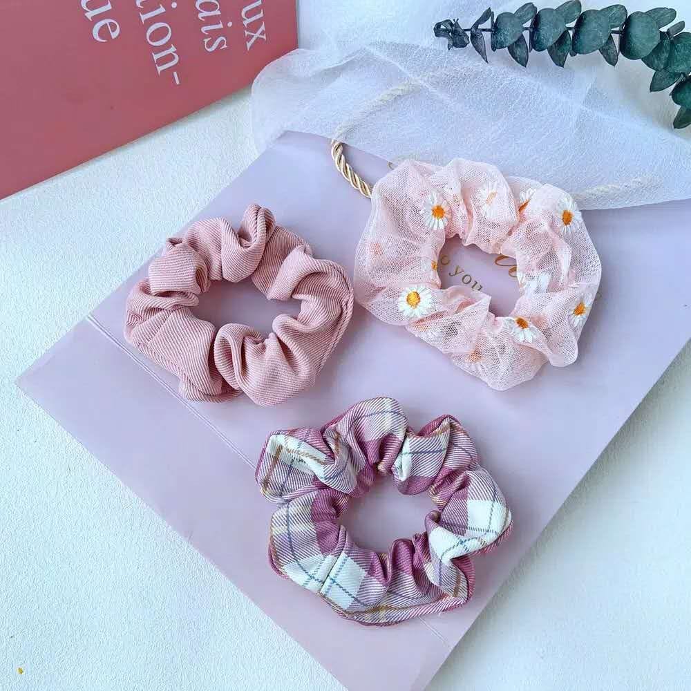 （ 27AN.ID ) COD 3Pcs/Set Ikat Rambut H159 Scrunchies Ponytail Elastis Bhn Sifon Motif BungaDaisy-8
