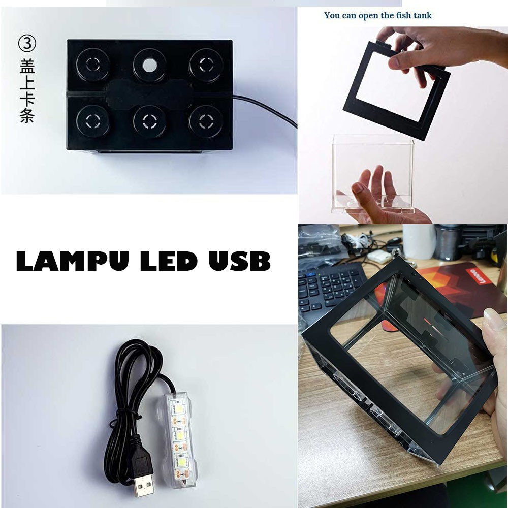 Akuarium Ikan Cupang Hias Akrilik Aquarium  Mini Bitte Acrylic Lego Block USB LED Baterai Batu Hias