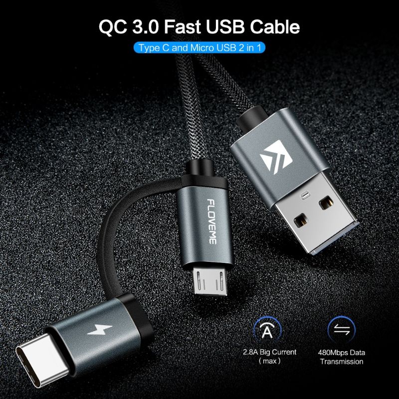 Kabel Charger 2 in 1 Micro USB + USB Type C