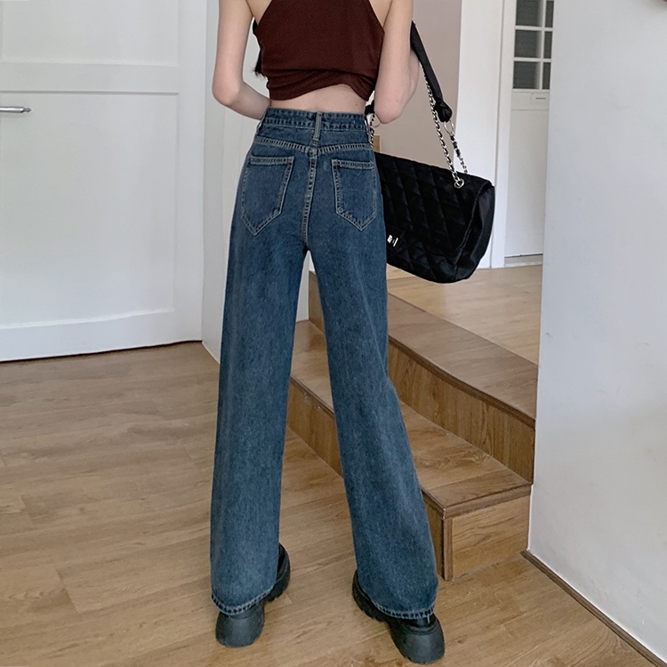 celana jeans wanita terbaru /high-waist straight-leg wide-leg jeans celana highwaist wanita/high-waist hamparan luas leg denim kasual berkobar celana wanita Korea/Celana jins pinggang tinggi korean style kasual celana lurus longgar