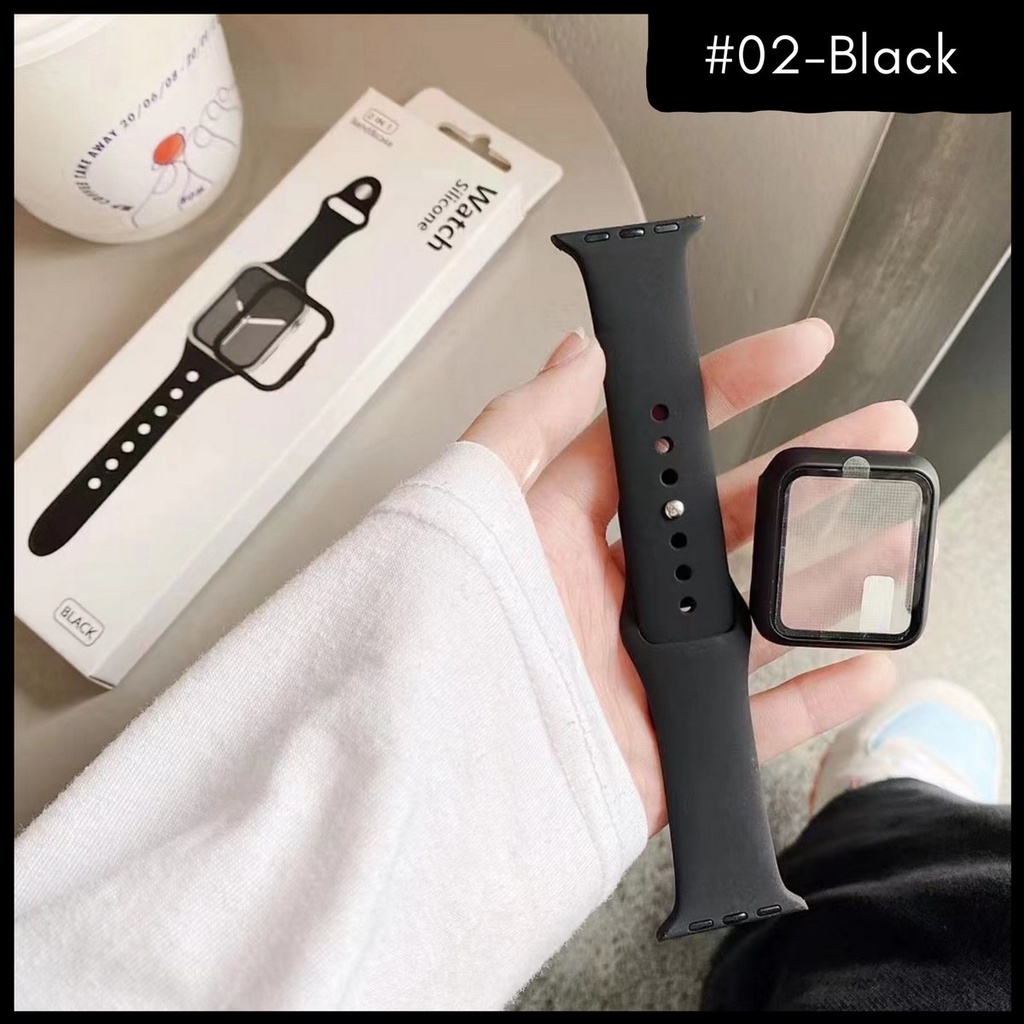 ( TANPA JAM ) FULL SET 2 IN 1 - SERIES 8 1 2 3 4 5 6 7 8 SE ULTRA | SIZE 38mm 40mm 41mm 42mm 44mm 45mm 49mm | TALI STRAP APPLE WATCH BASIC + TEMPERED GLASS PROTECTOR CASE COVER sport band iwatch full color rubber silicone