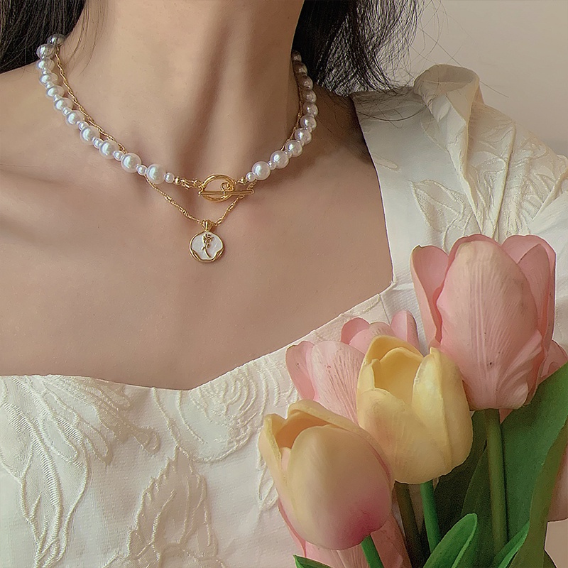 AY(CN) Kalung Choker Rantai Ganda Hias Liontin Mutiara Warna Rose Gold Untuk Wanita