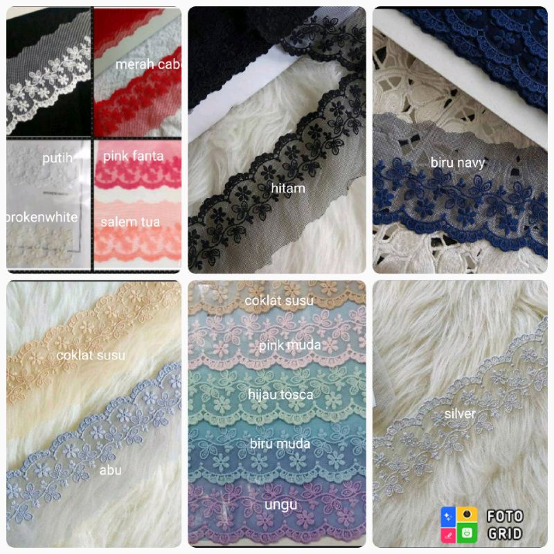 Renda tile bunga bordir rajut brokat gyper / giper katun baju mukena kebaya harga 1 ROLL