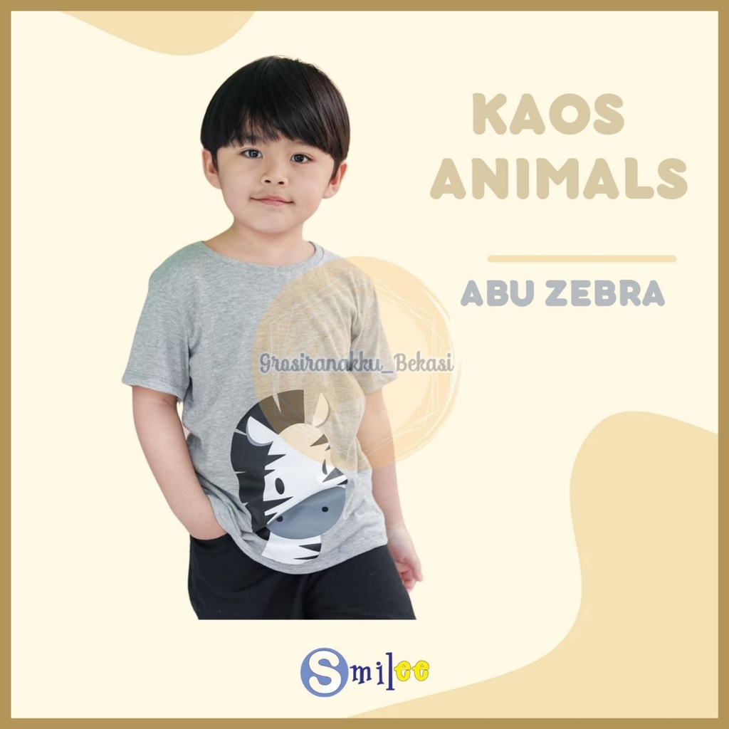 Kaos Anak Cowok Smilee Murah Animal Abu Zebra Size 1-5Tahun