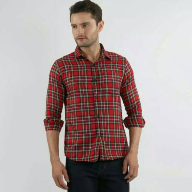 EDWIN JEANS KEMEJA FLANEL SLIM FIT L/S MERAH-HIJAU ORIGINAL.
