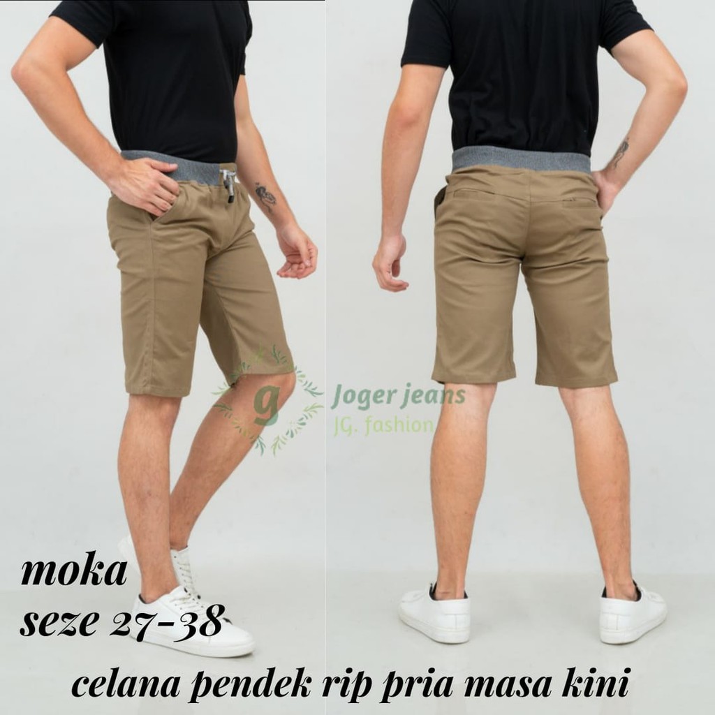 Celana Pendek Pria Pinggang Kolor RIP Bahan Katun Stretcth Polos Hitam Krem Abu Moca 27-38-/.