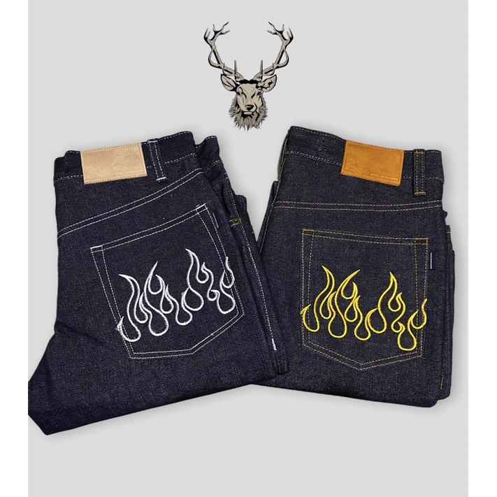 Weird Denim Celana Pria Jeans Selvedge Shellstitch 16 Oz Black Indigo Flame Art