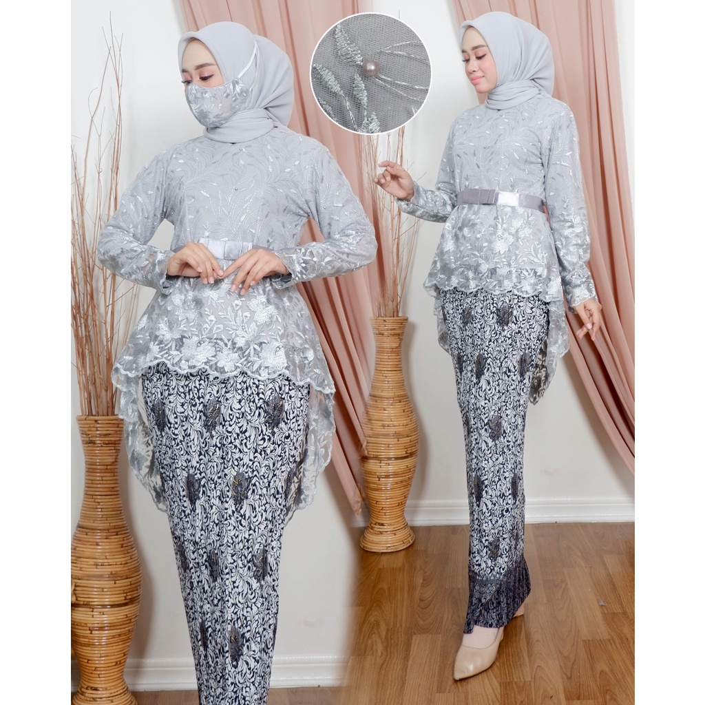 SET KEBAYA VALEERIA - PAKAIAN KEBAYA TERLARIS 2021 - KEBAYA WISUDAAN CANTIK - MODEL KEBAYA KEKINIAN-SILVER
