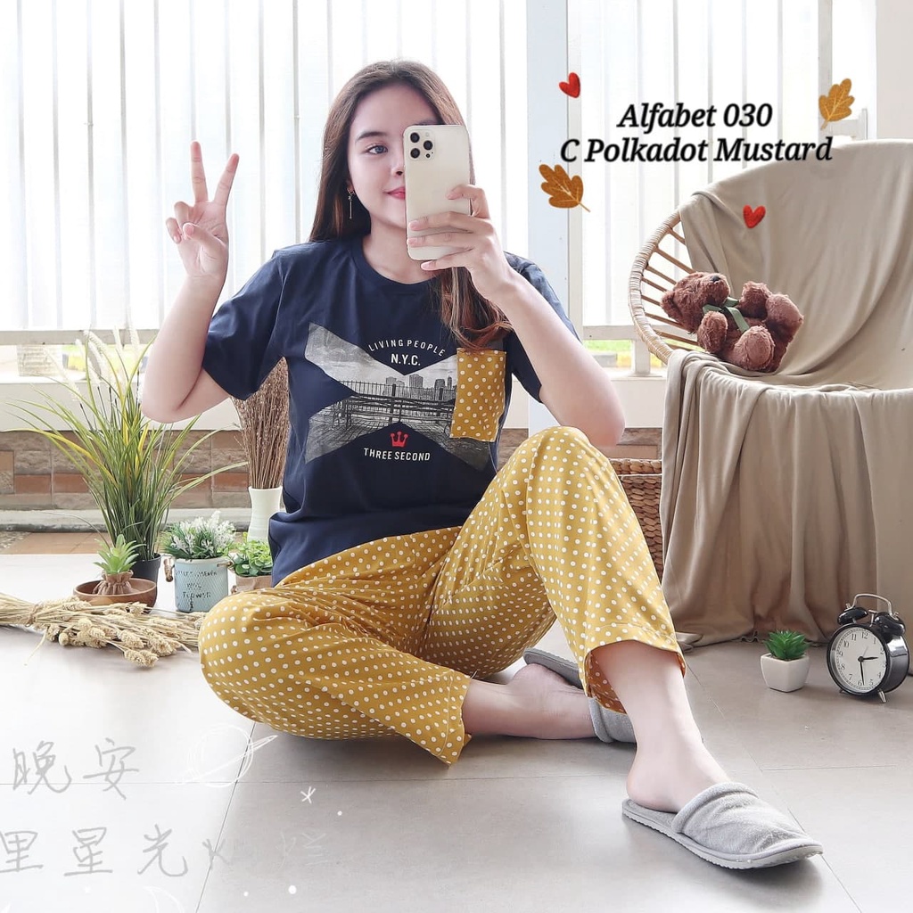 IZANY Piyama Dewasa Size S/ CP Atasan kaos Tebal-ALFABET 030 POLKA MU