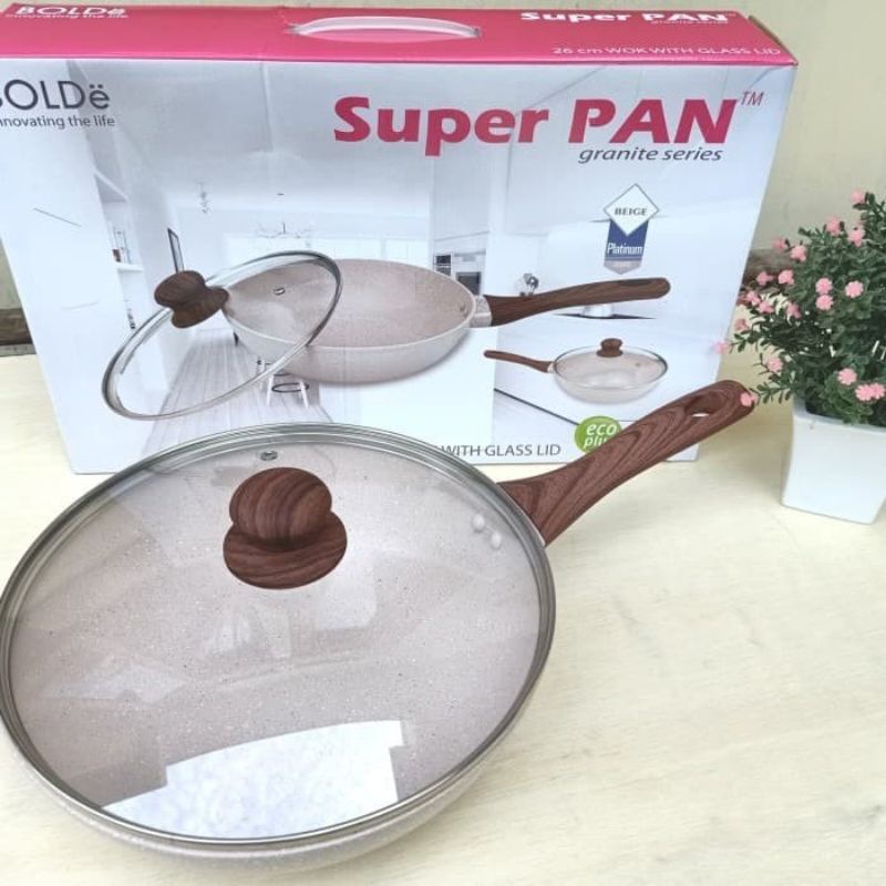 Super PAN WOK ( WAJAN ) 26 cm + GLASS LID Granite Beige Series Original BOLDe