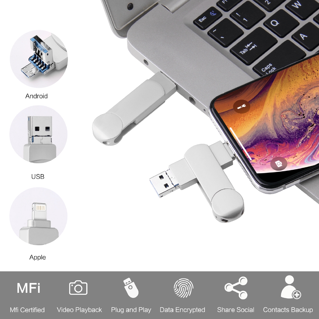 3in1 USB Flash Drive 512GB Metal Anti Air untuk iOS / PC Android