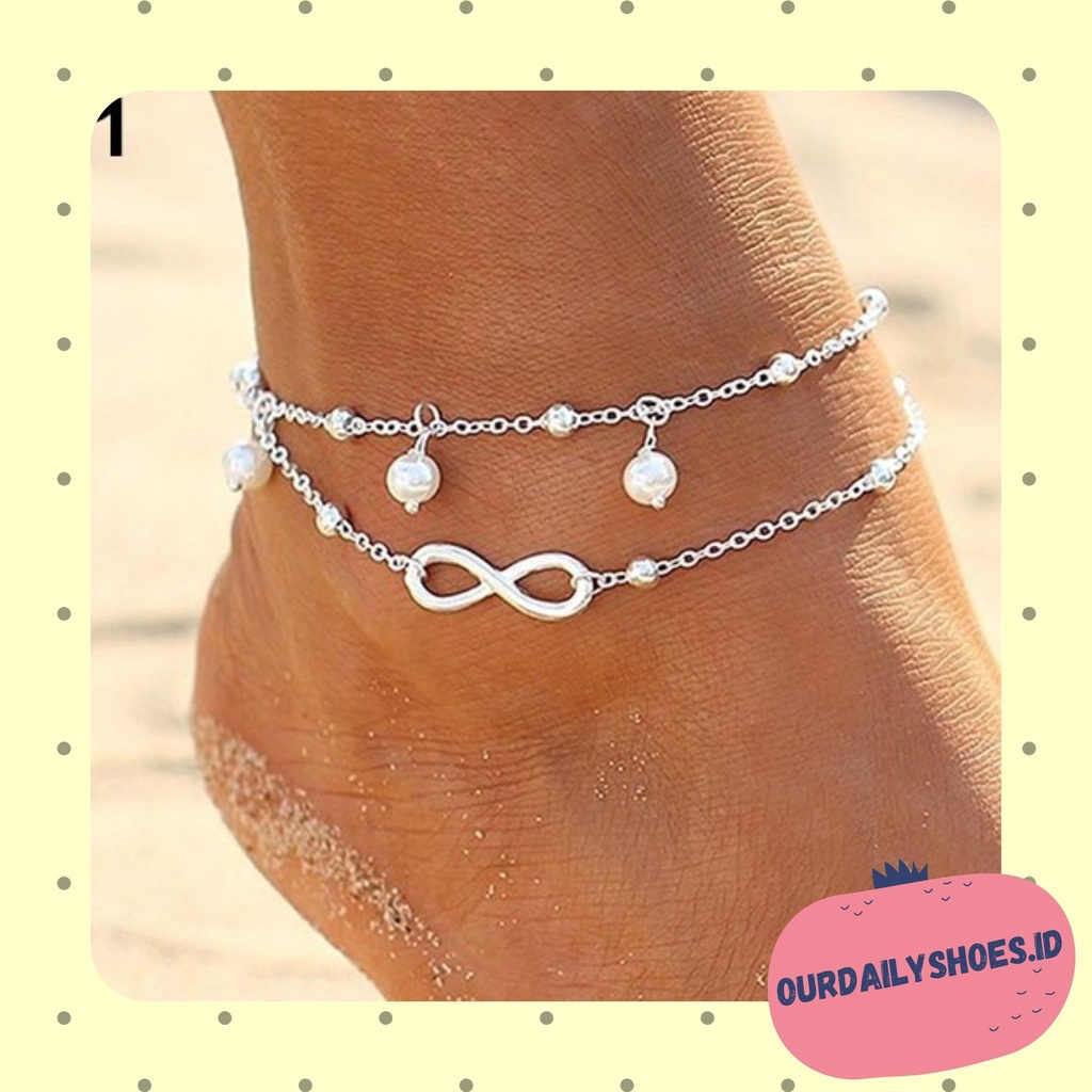 ★ODS★ FA100 Gelang Kaki Rantai 2 Lapis Ornamen Manik-manik dan Infinity Gaya Boho