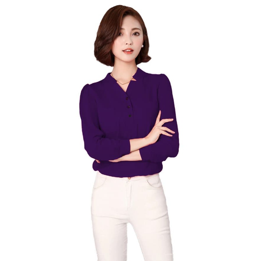 Okechuku Astried Kemeja Wanita Gaya Korea Variasi Kantong Besar - Ungu