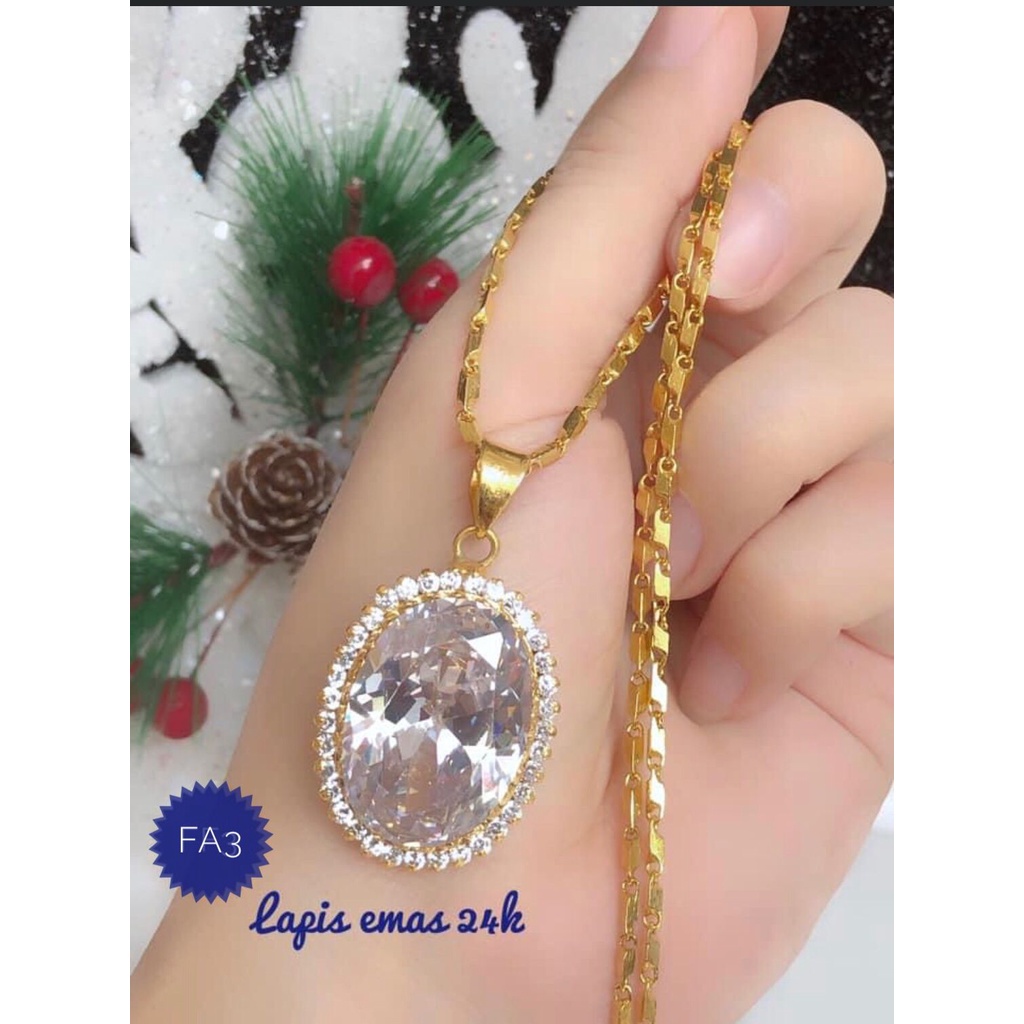 (JAN) Set Perhiasan Xuping Lapis Emas 24 Karat Kalung Rantai Padi Liontin Berlian Putih Besar Titani